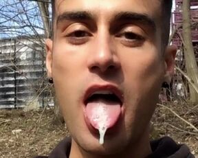 Chewing and swallowing own cum public