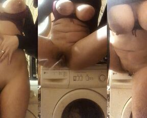 Big wet cunt moans loudly and squirts while sitting on a washing machine