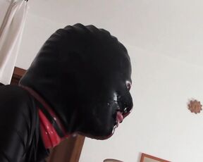 Teaser Laura hooded in a very close view of a great blowjob action with ring gag and huge cum swallow