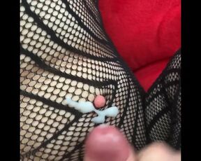 Cum on her exposed nipple while getting my balls licked