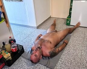 Husband Lying on His Back Drinking Piss & Cum Through a Funnel